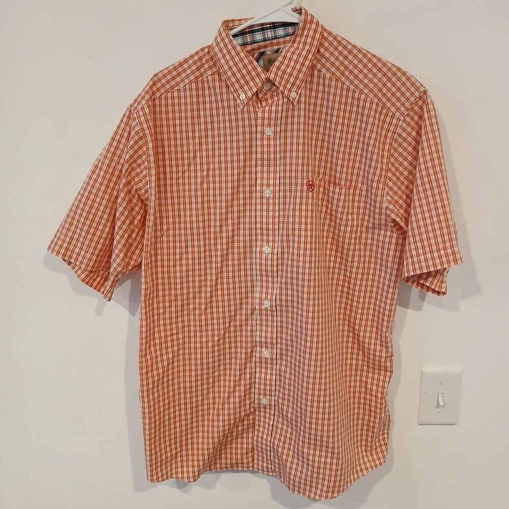 Ariat Men's Red Orange Checkered Shirt Button Up Size M Western